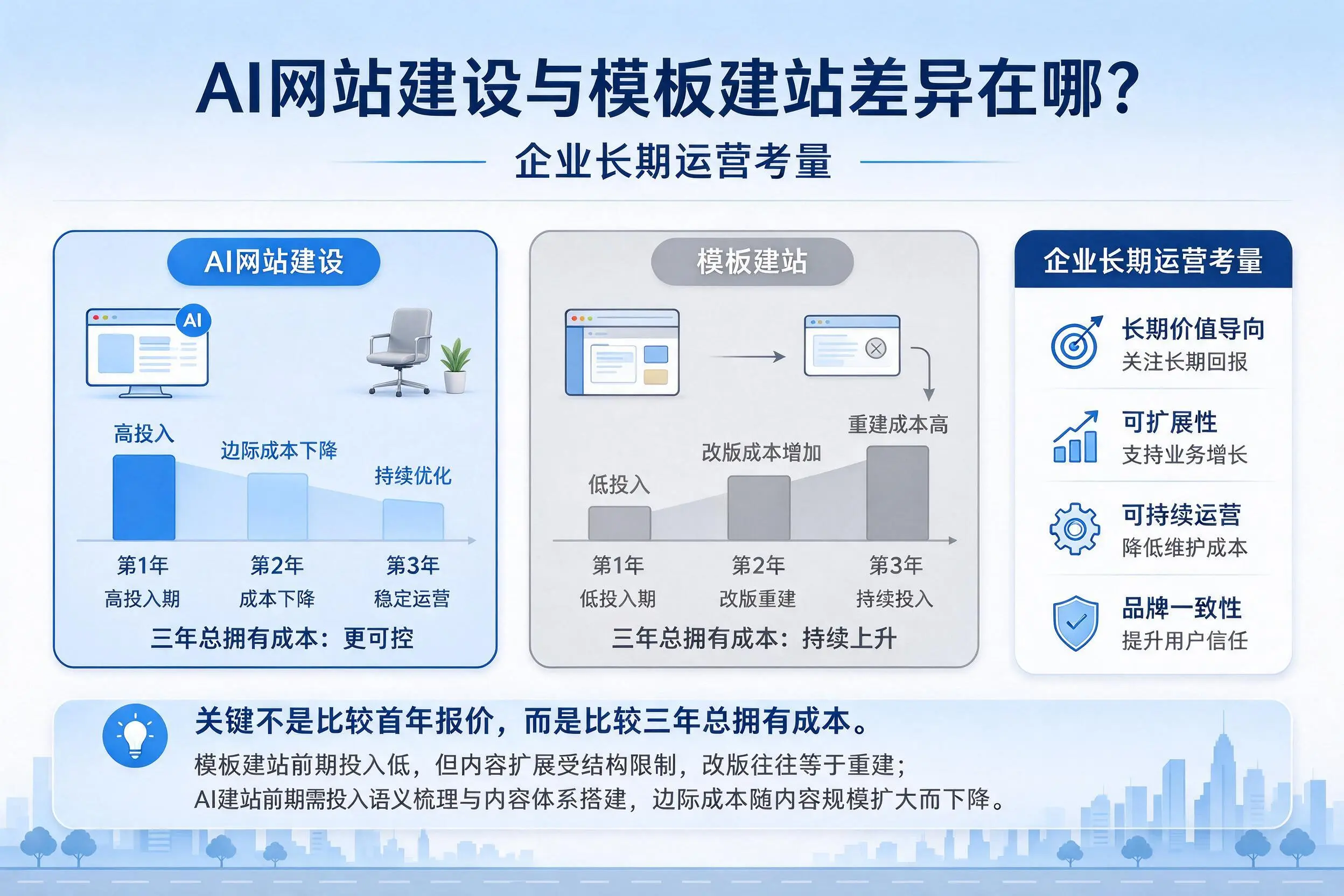 AI网站建设与模板建站差异在哪?万宁企业长期运营考量