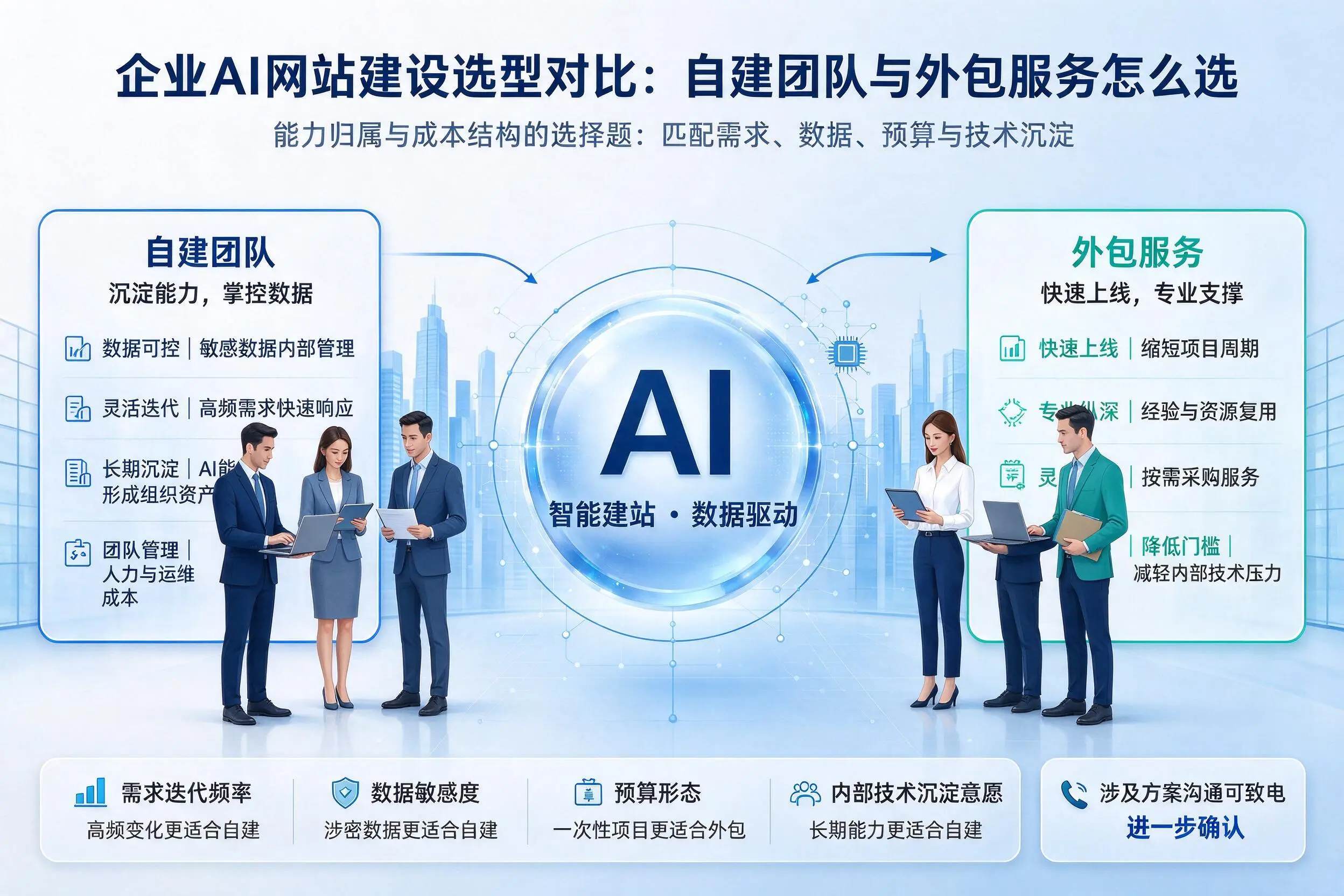 万宁企业AI网站建设选型对比:自建团队与外包服务怎么选